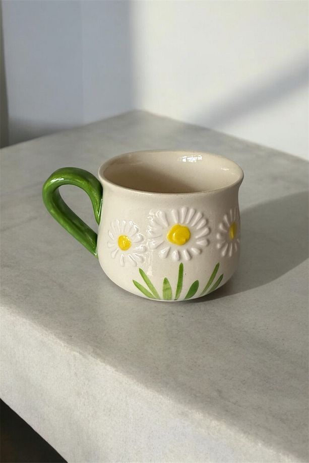 Papatya Desenli Kupa El İşlemesi Duble Kahve Fincanı Çini Seramik Mug - 5