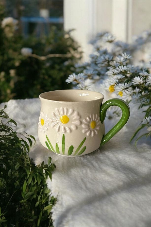 Papatya Desenli Kupa El İşlemesi Duble Kahve Fincanı Çini Seramik Mug - 4