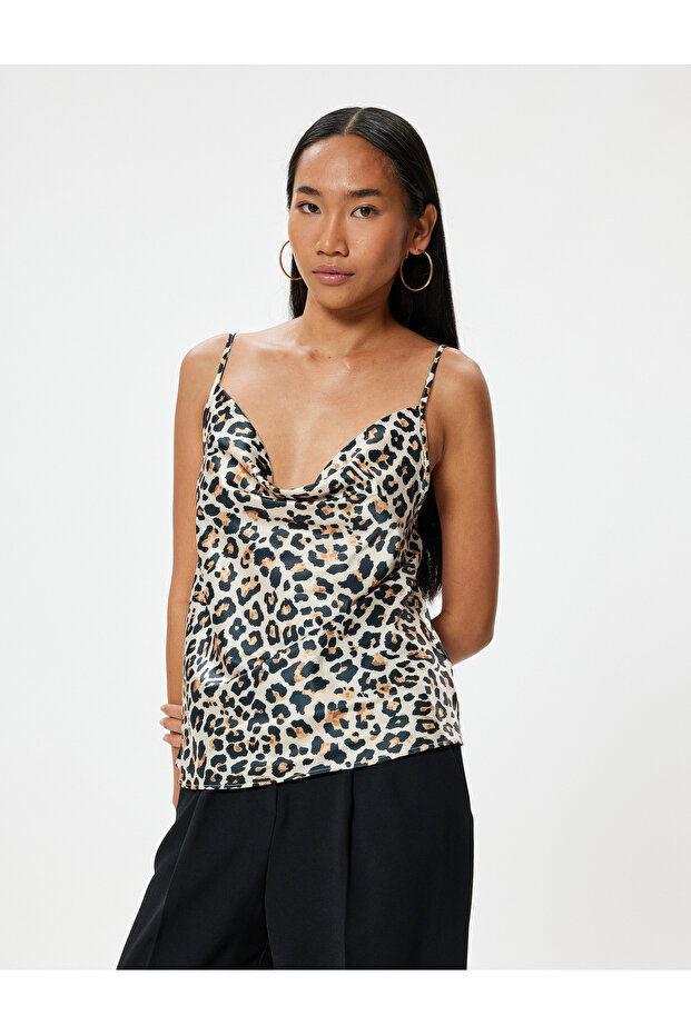 Leopard Patterned Blouse Satin Rope Strap Degaje Collar - 3