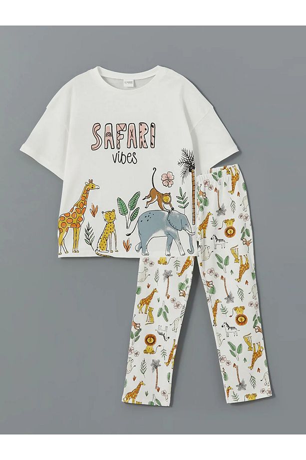 LCW Kids Ekru Bisiklet Yaka Kız Çocuk Pijama Takımı T T - 1