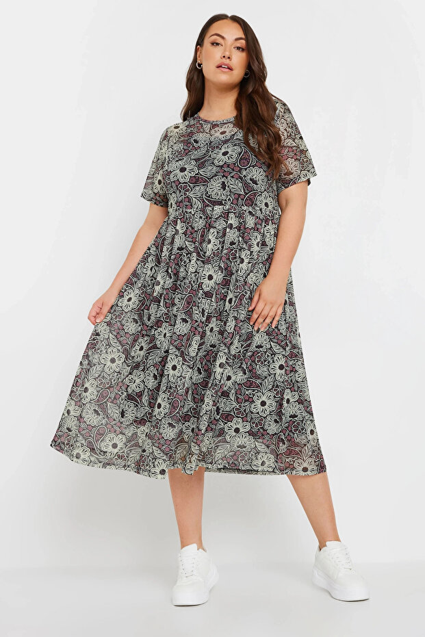 Plus Size Crew Neck Lined Patterned Midi Length Tulle Dress 137991