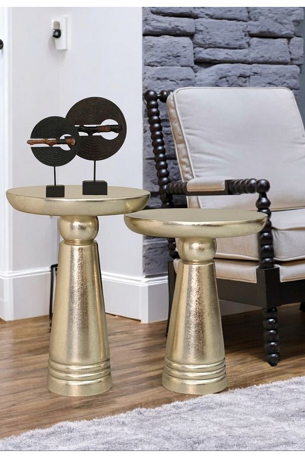 Ahşap 2’li Set Handmade Mantar Yan Sehpa Modern Gümüş Renk Varak Jelatin Fiskos Zigon Çiçeklik - 6