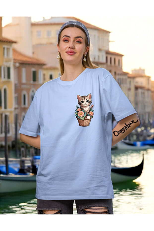 Potted Cat Printed Women's Oversize T-Shirt