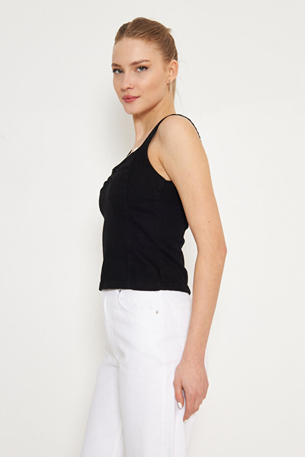 Siyah Dantel Detaylı Kalp Yaka Denim Bluz TWOSS25BZ00359 - 5