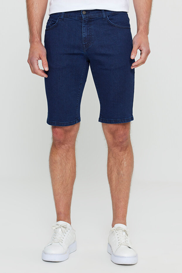 Erkek Koyu Lacivert Slim Fit Dar Kesim Pamuklu Esnek Denim Şort - 1