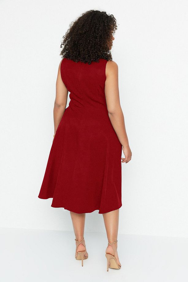 Bordo  A-Line Dokuma Cep Detaylı Elbise TBBSS22EL1598 - 4