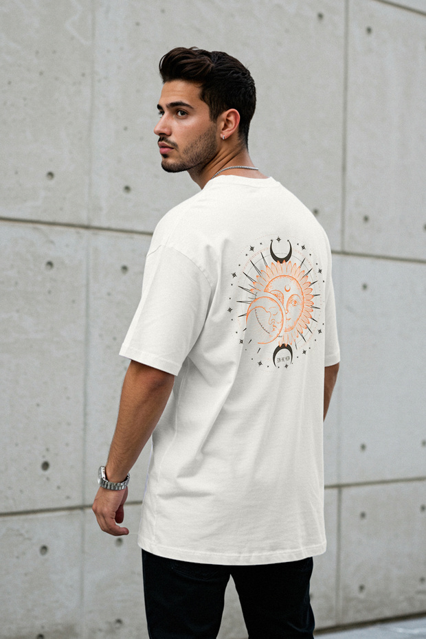 Ecru Oversize/Wide Cut Short Sleeve Mystic Printed 100% Cotton T-Shirt Tmnss23Ts00165