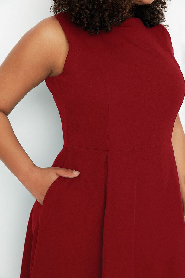 Bordo  A-Line Dokuma Cep Detaylı Elbise TBBSS22EL1598 - 3