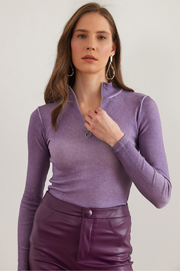 Women's Washed Lilac Zippered Turtleneck Lycra Blouse Blz- 19001155