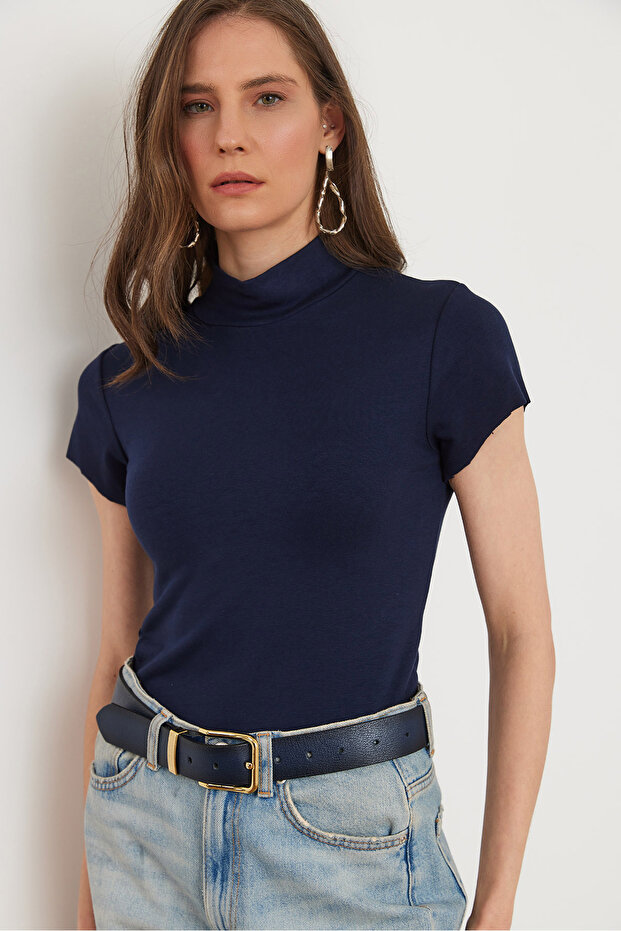 Women's Navy Blue Stand Collar Soft Textured Stretchy T-Shirt Tsh- 19000833