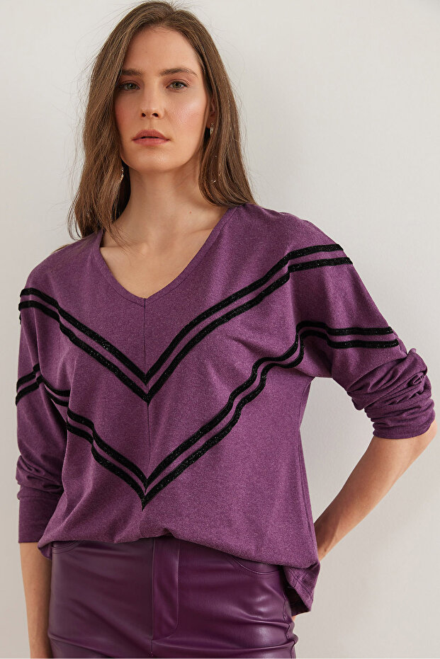 Women's Purple Stripe Detailed Wool Viscose Loose Blouse Blz- 19002826