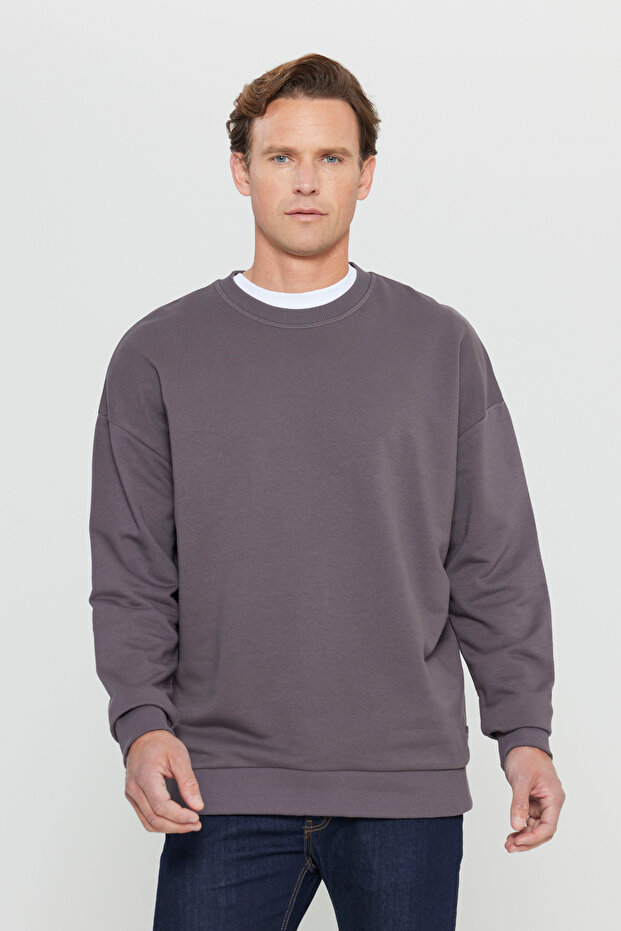 AC&Co / Altınyıldız Classics Erkek Koyu Gri Oversize Bol Kesim 3 İplik Bisiklet Yaka Pamuklu Sweatshirt