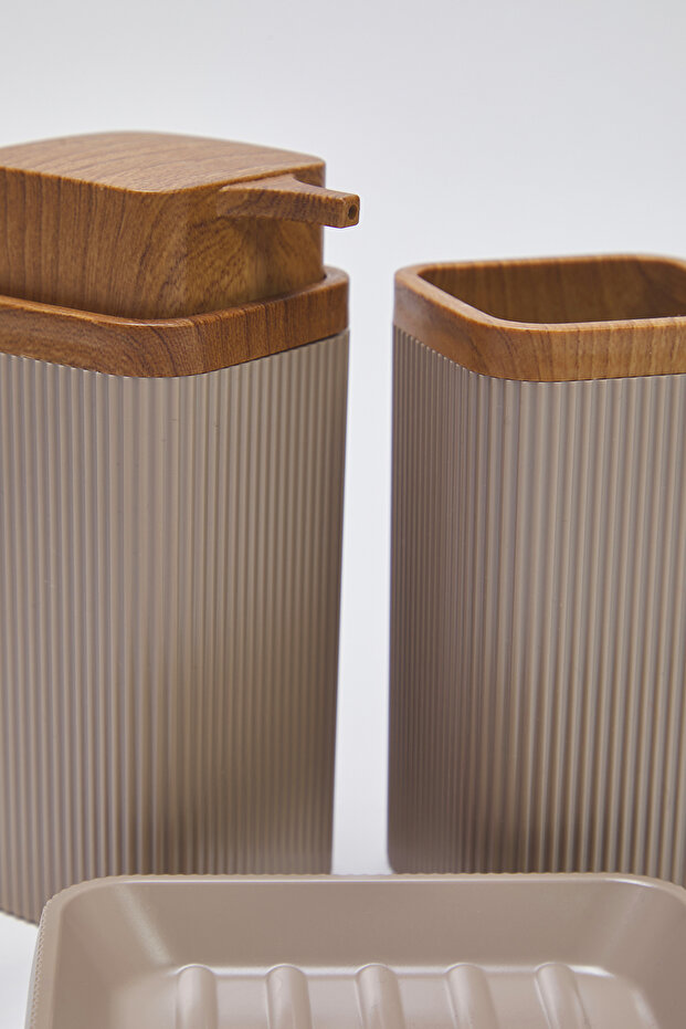 3lü Plastik Ahşap Görünüm Detaylı Sabunluk Banyo Seti TPHSS25BST00002 - 4