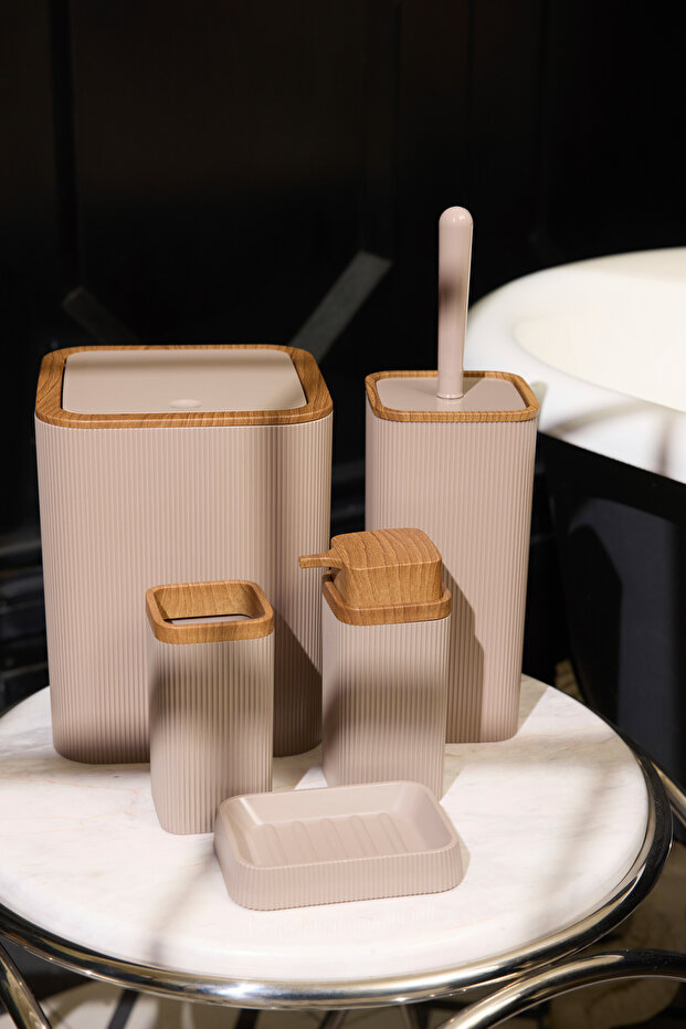 3lü Plastik Ahşap Görünüm Detaylı Sabunluk Banyo Seti TPHSS25BST00002 - 5