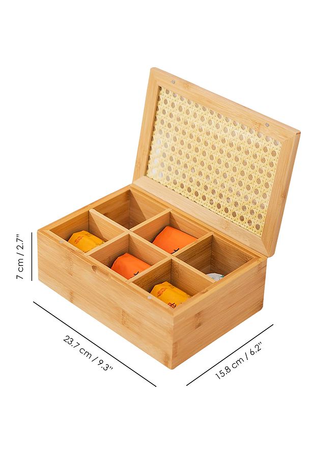 6 Bölmeli Bambu Çay Kutusu - Kapaklı Poşet Çay Saklama Kutusu Aksesuar Takı Düzenleyici Organizer - 4