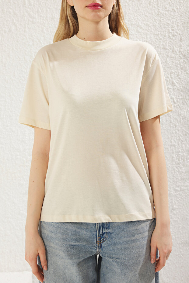 Yağ Yeşili-Açık Taş 2'li Paket %100 Pamuk Basic Dik Yaka Örme T-Shirt TWOSS20TS1500 - 3