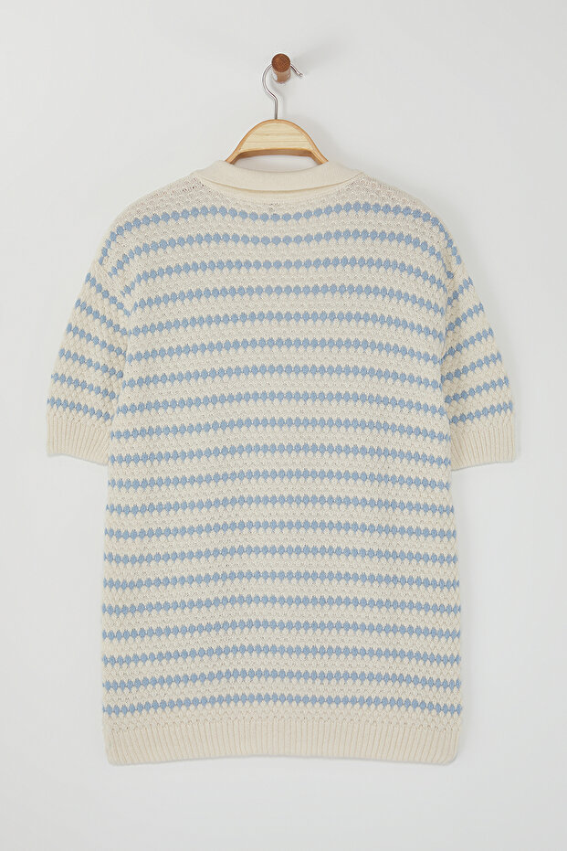 Ekru Regular Çizgili Dokulu Triko Polo Yaka T-shirt TMNSS25PO00007 - 6