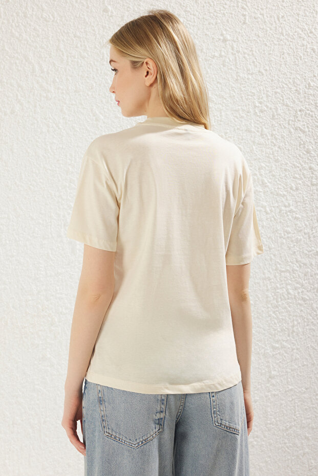 Yağ Yeşili-Açık Taş 2'li Paket %100 Pamuk Basic Dik Yaka Örme T-Shirt TWOSS20TS1500 - 4