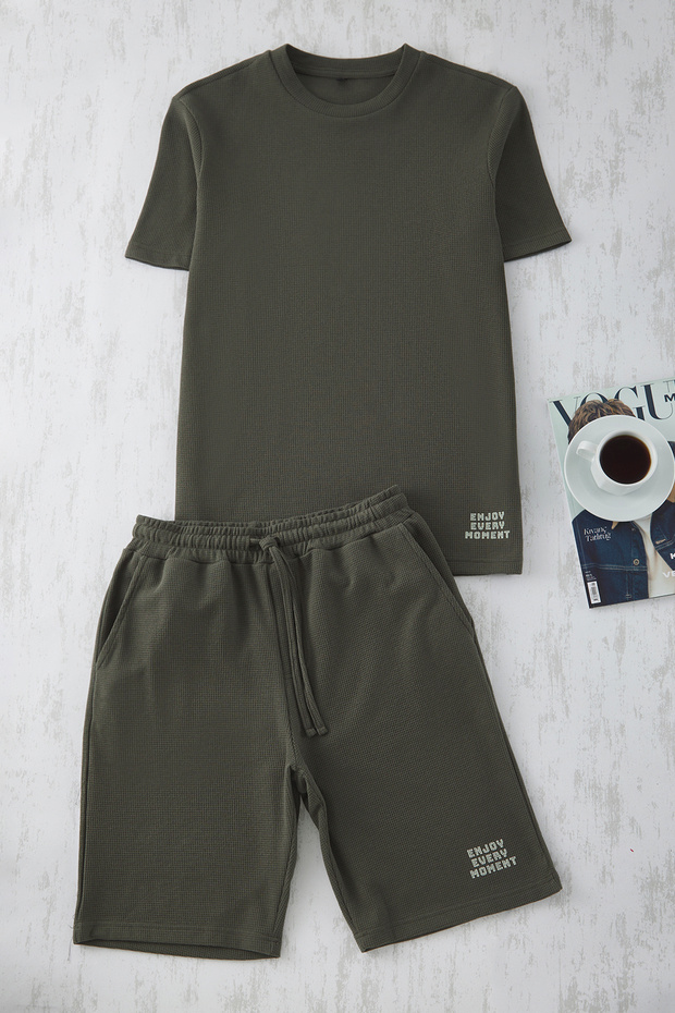 Haki Regular Fit Waffle Örme Şortlu Pijama Takımı TMNSS23PT00032 - 7