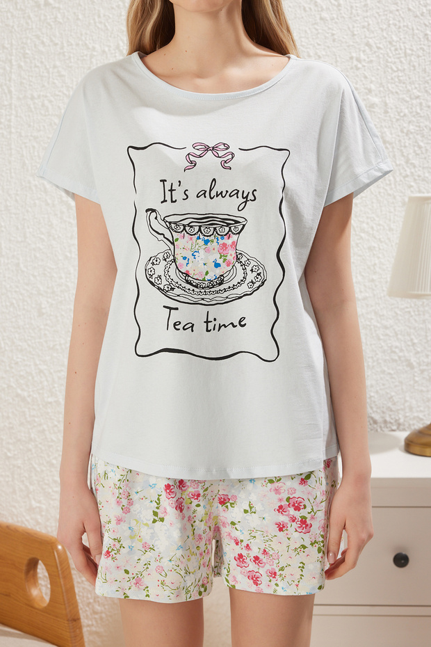 Mavi %100 Pamuklu Çiçekli Şortlu Örme Pijama Takımı THMSS25PT00184 - 3