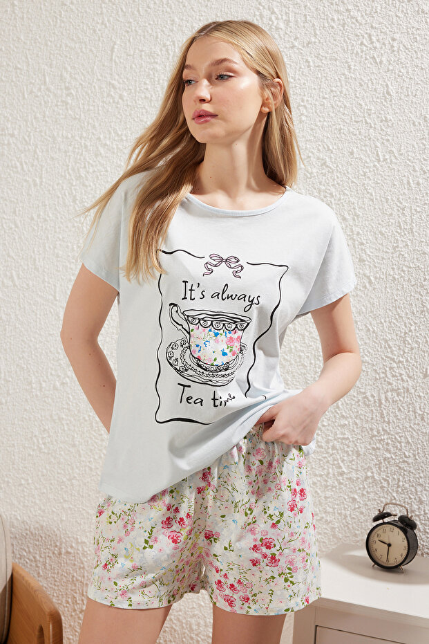 Mavi %100 Pamuklu Çiçekli Şortlu Örme Pijama Takımı THMSS25PT00184 - 1
