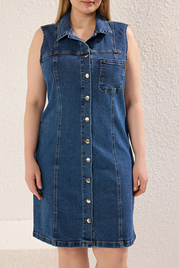Mavi Gömlek Yaka Cepli Orta Esnek Büyük Beden Denim Elbise TBBSS25AH00088 - 3