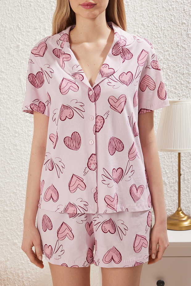 Pembe-Çok Renkli %100 Pamuklu Kalpli Şortlu Örme Pijama Takımı THMSS25PT00120 - 5