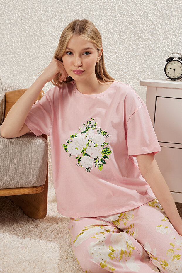 Pembe %100 Pamuklu Çiçekli Örme Pijama Takımı THMSS25PT00061 - 2
