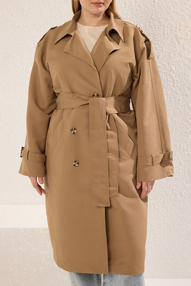 Bej Uzun Oversize Büyük Beden Trençkot TBBSS25BM00002 - 3