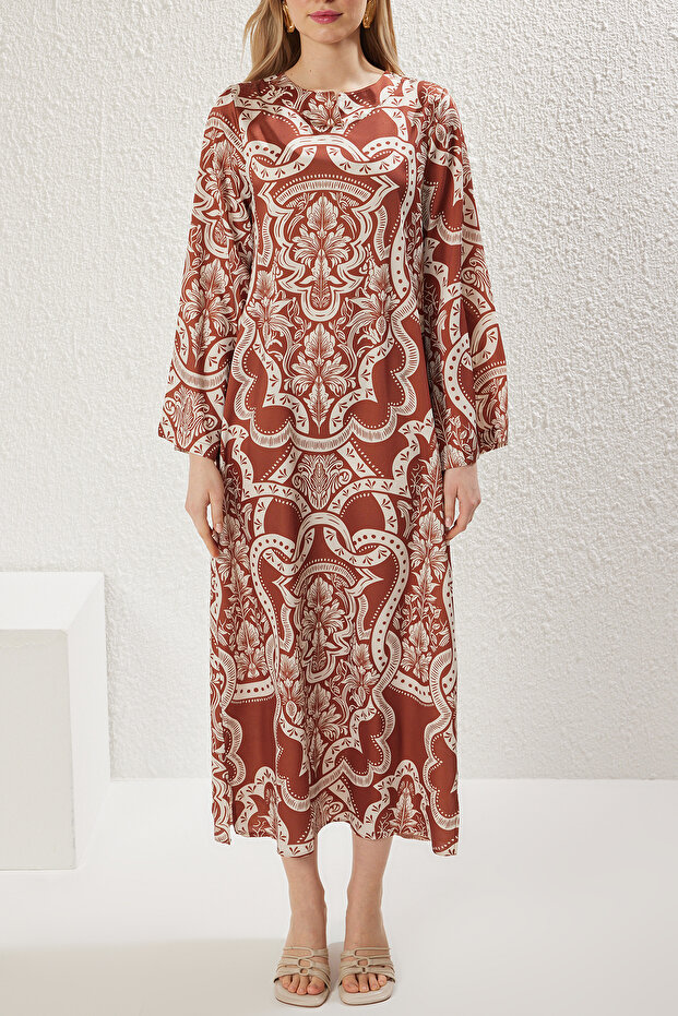 Camel Saten Etnik Dokuma Jalabiya Abiye Elbise TCTSS23DB00028 - 6
