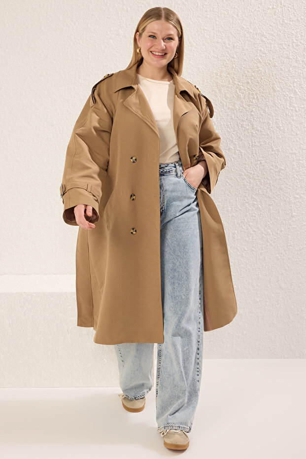 Bej Uzun Oversize Büyük Beden Trençkot TBBSS25BM00002 - 1