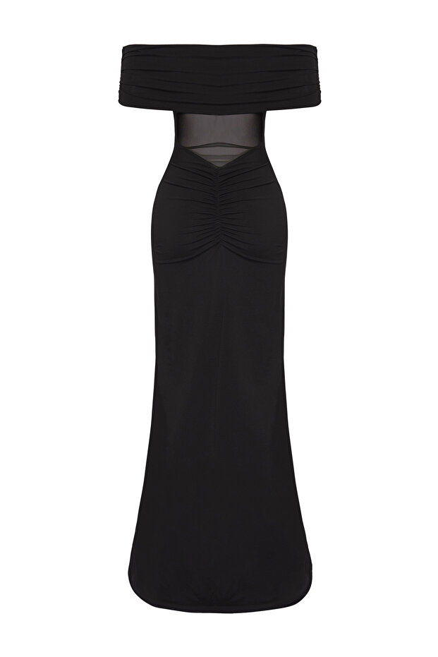 Limited Edition Siyah Sırt Transparan Detaylı Örme Abiye Gece Mezuniyet Elbisesi TPRSS25AE00062 - 5