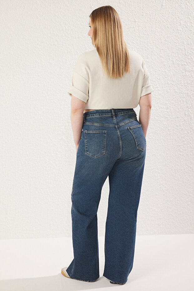 Koyu Mavi Yüksek Bel Geniş Paça Comfort/Orta Esnek Büyük Beden Wide Leg Jeans TBBSS25CJ00013 - 5