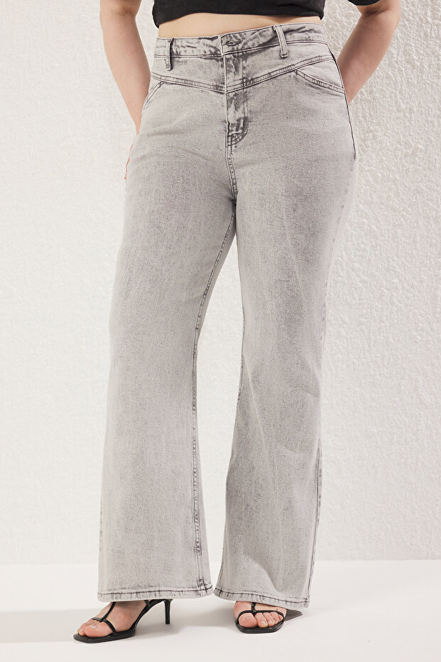 Gri Yüksek Bel Comfort Dikiş Detaylı Comofrt/Orta Esnek İspanyol Paça Flare Fit Jeans TBBSS24CJ00003 - 3