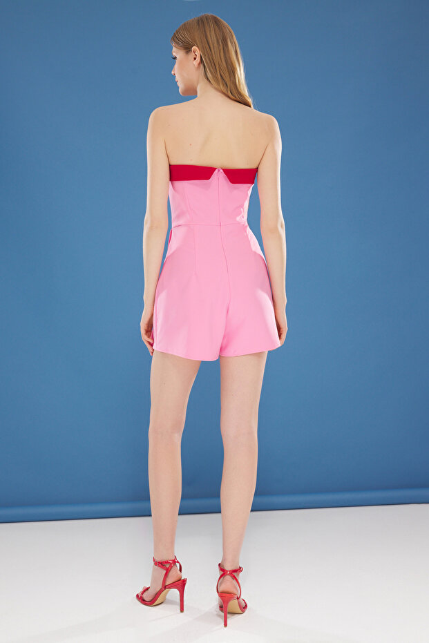 Pembe Straplez Renk Bloklu Mini Dokuma Şort Tulum TWOSS23TU00131 - 5