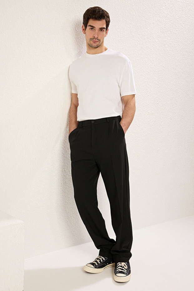 Siyah Wideleg Baggy Rahat Kalıp Dokuma Kumaş Pantolon TMNSS25PL00009 - 5