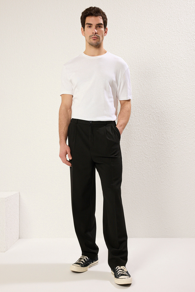 Siyah Wideleg Baggy Rahat Kalıp Dokuma Kumaş Pantolon TMNSS25PL00009 - 4