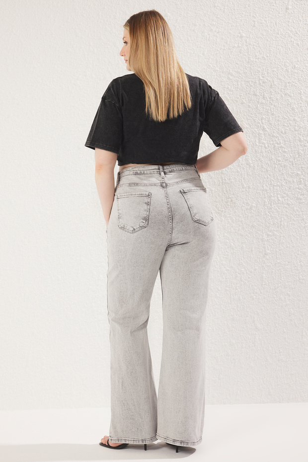 Gri Yüksek Bel Comfort Dikiş Detaylı Comofrt/Orta Esnek İspanyol Paça Flare Fit Jeans TBBSS24CJ00003 - 5
