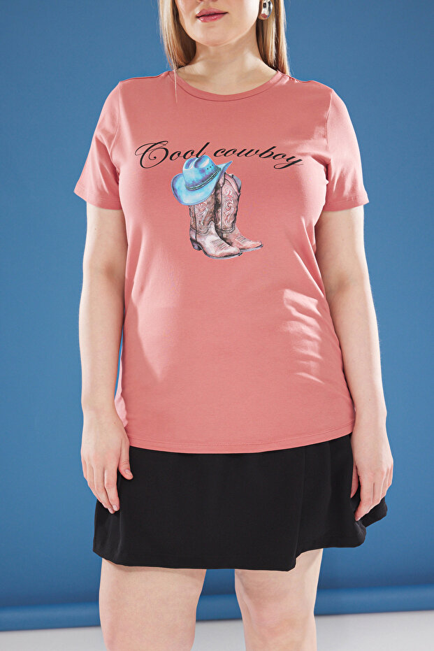 Pembe Regular Fit Baskılı Büyük Beden T-shirt TBBSS25BF00018 - 5