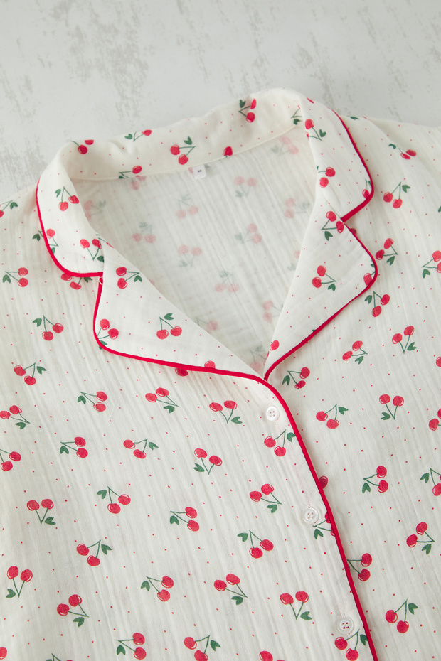 Ecru cseresznye mintás muszlin szőtt pizsama szett TBBSS25AI00029 - 4