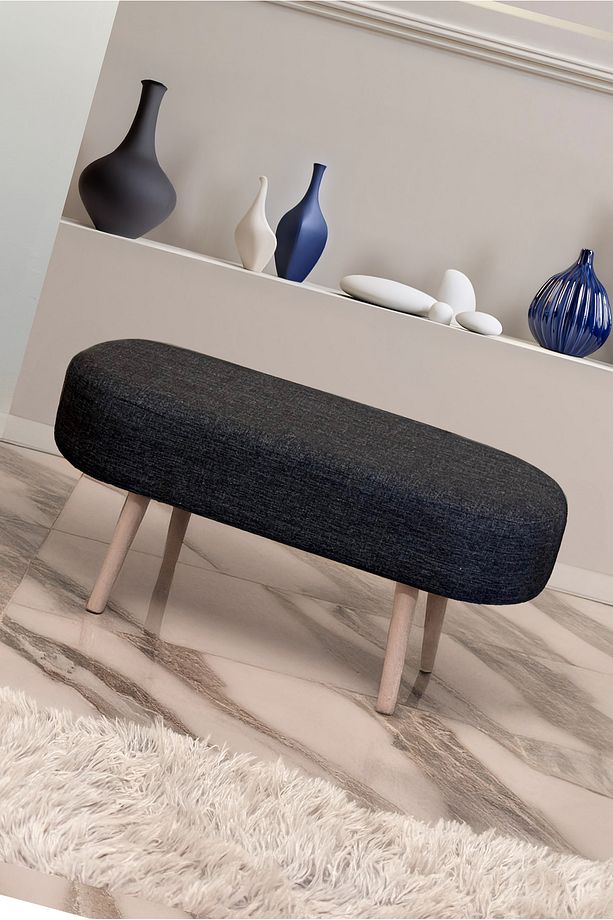 Retro Ahşap Ayaklı Geniş Oturum Alanlı Oval Bench Puf Antrasit Spor Kumaş - 2
