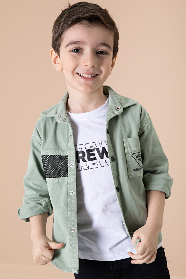 Boy's Green Crew T-Shirt and Mesh Detailed Shirt 2-Piece Set 20085