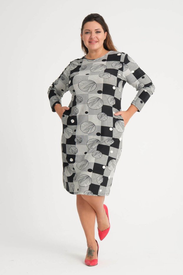 Women's Black and White Polka Dot Plaid Pattern Pocket Detail Large Size Flexible Suede Dress