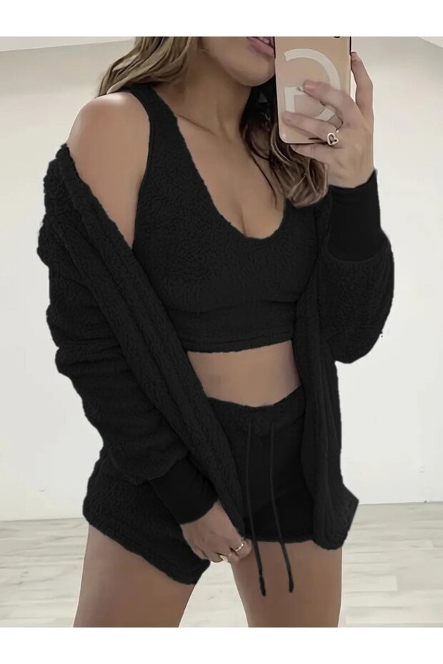 Women's Long Sleeve Jacket, Sling Plush Blouse and Shorts Three-Piece Set