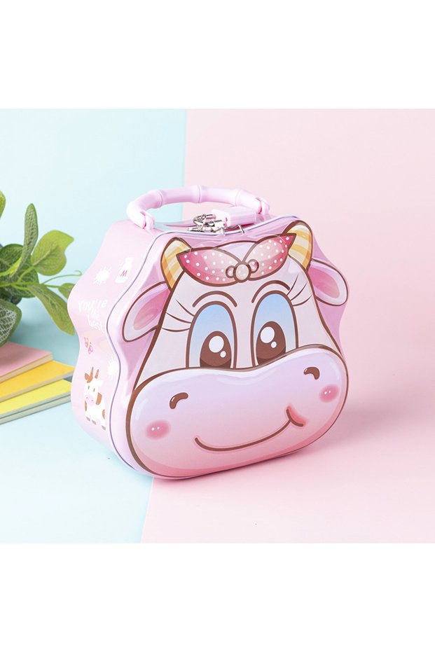 Metal Piggy Bank with Calf Bag and Lock, Pink, 16X14-