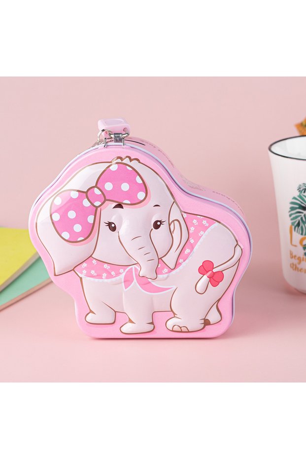 Cute Elephant Metal Piggy Bank with Bag and Lock, Pink, 17X16-