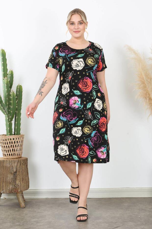 Women's Black Multicolor Flower Pattern Midi Dress