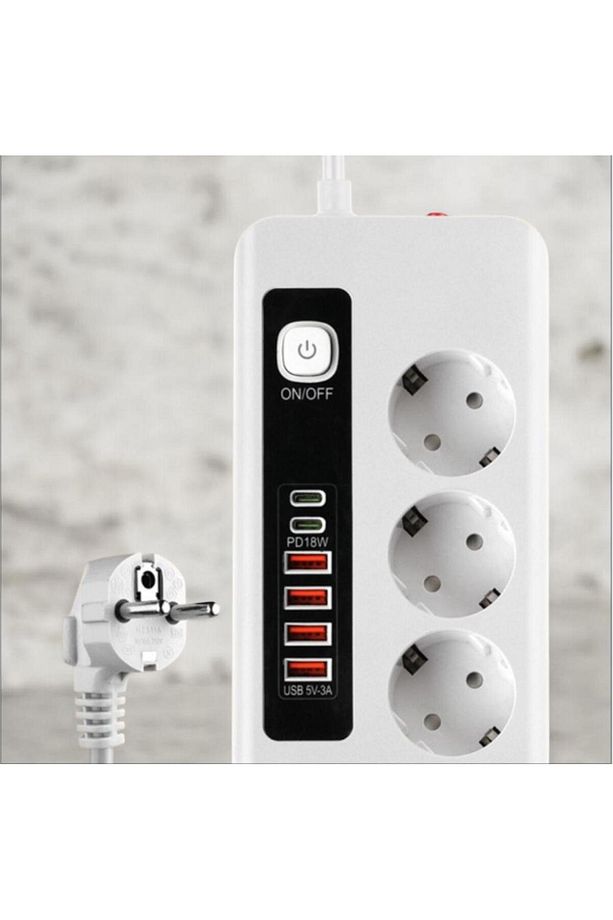 3 Lü PRİZ 3X Soket Termal Akım Korumalı Power Tuşlu 4x USB 2x Type-C Çıkışlı Kablolu Çoklu Priz - 3