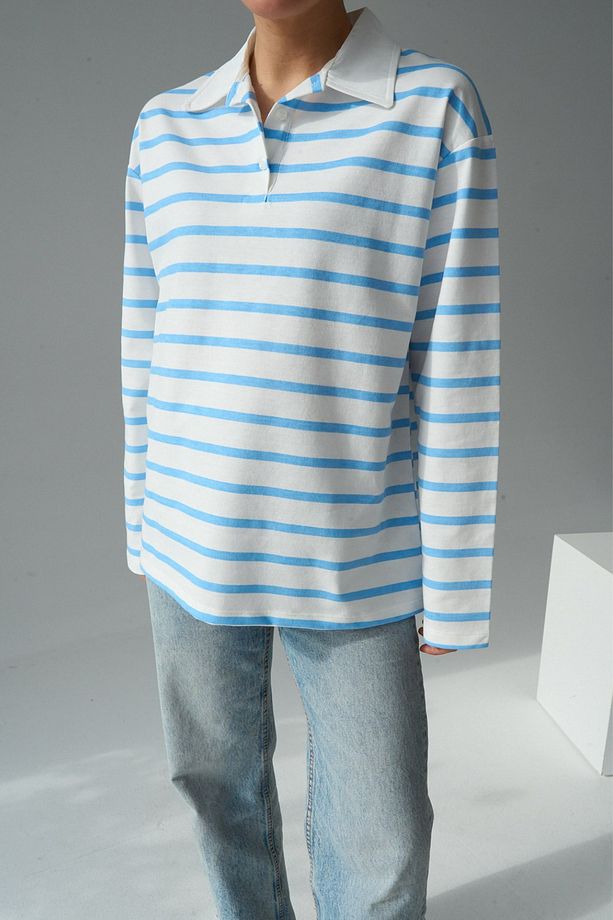 Kadın Mavi Çizgili Doku Oversize Sweatshirt - 3