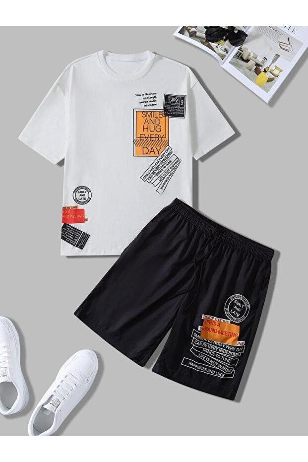 unisex smile and hug printed T-shirt shorts set